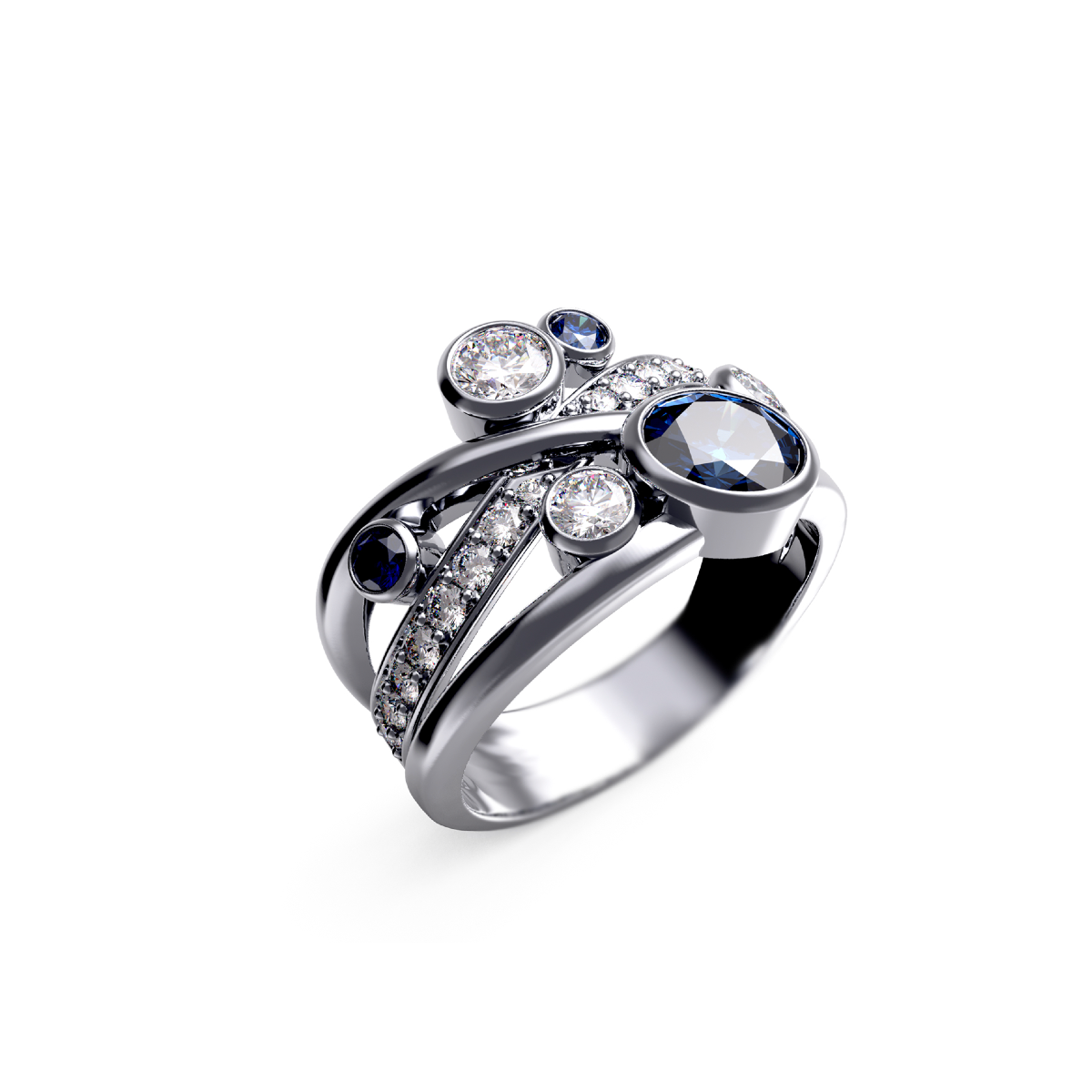Crossover white-gold ring with a sapphire and round diamonds